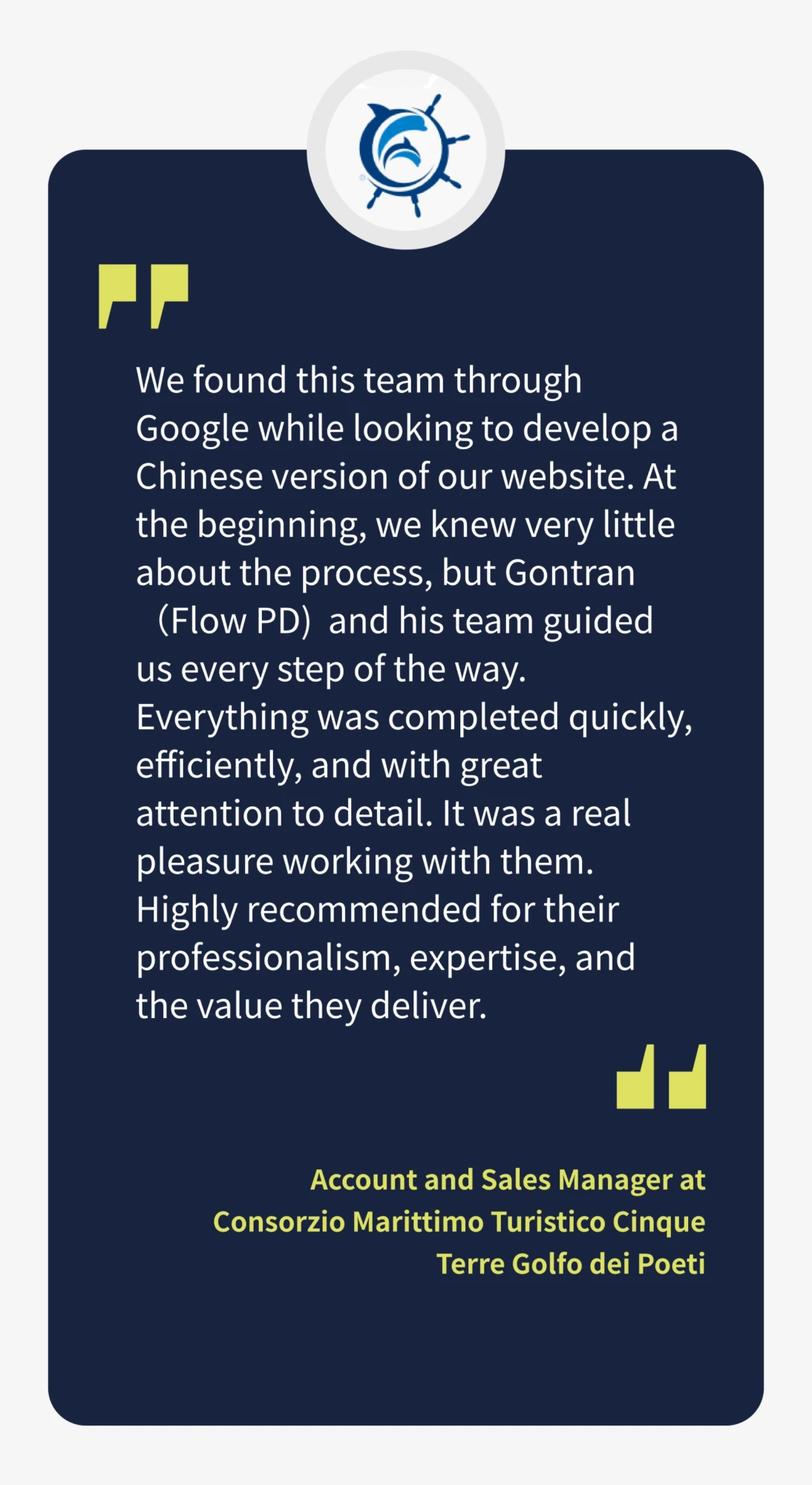 Testimonial from Navigazione Golfo dei Poeti after Flow Asia localized its website for Chinese travelers